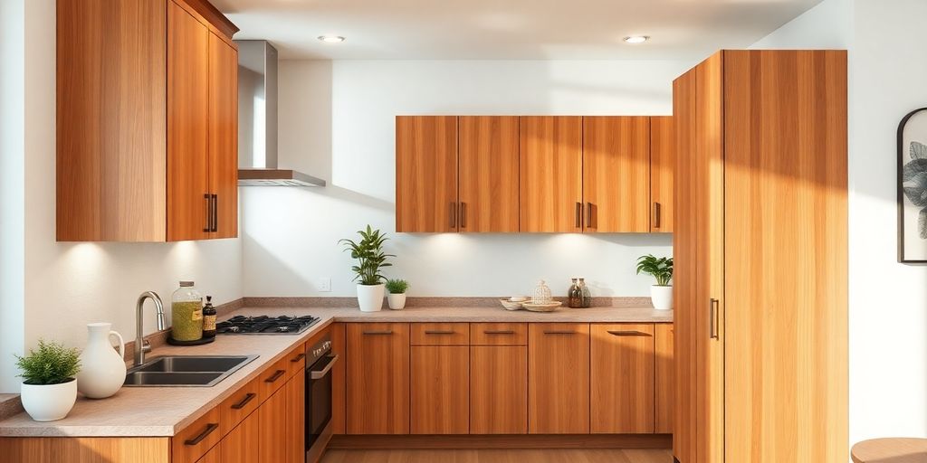 Cozy kitchen with wooden cabinets, warm lighting.