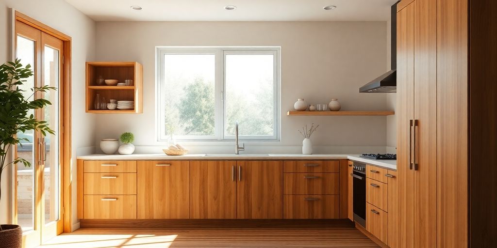 Inviting, warm modern kitchen with wood and natural light.